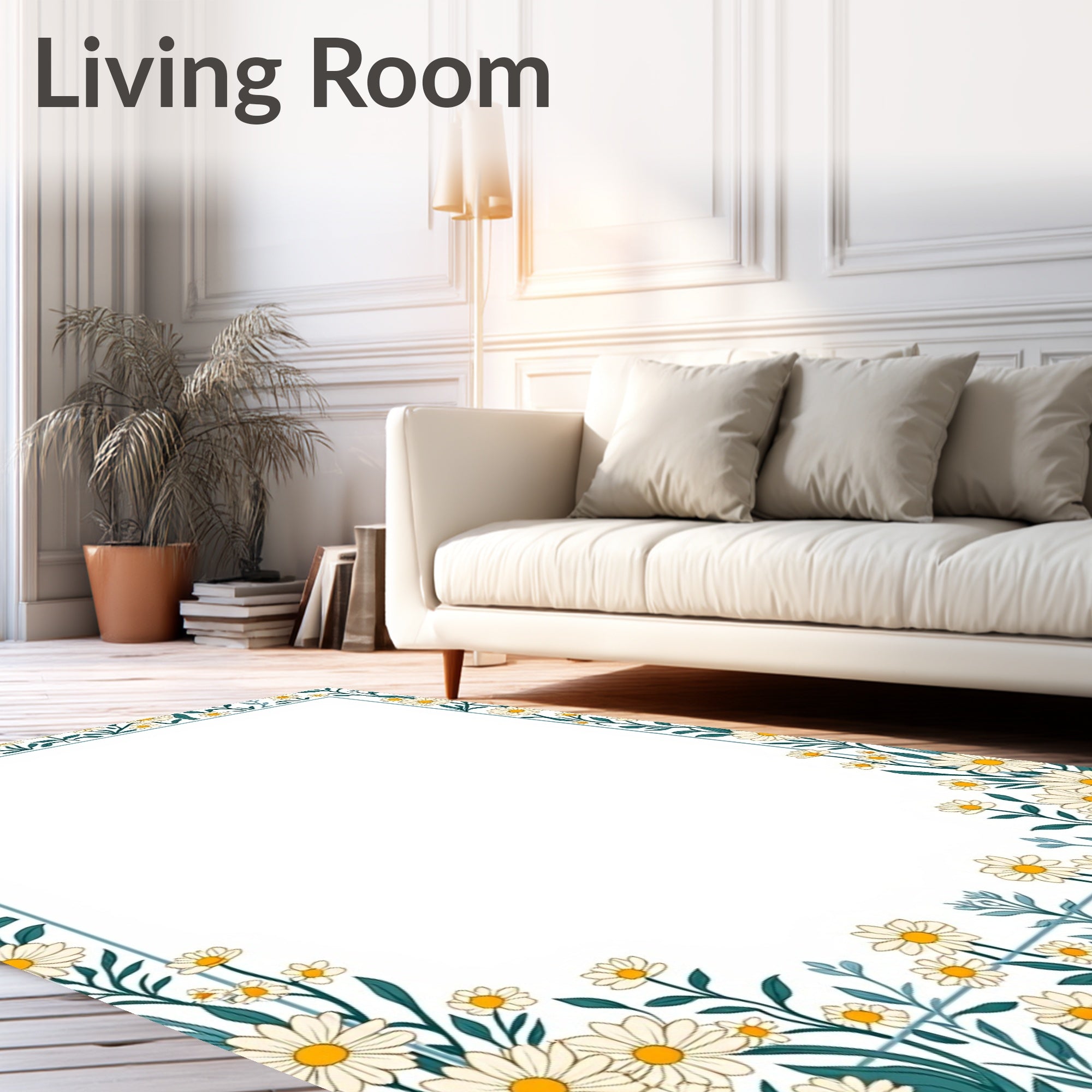Cream Daisy Botanical Border Rug