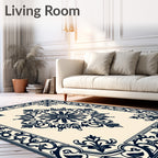 Ornate Navy Floral Square Medallion Rug