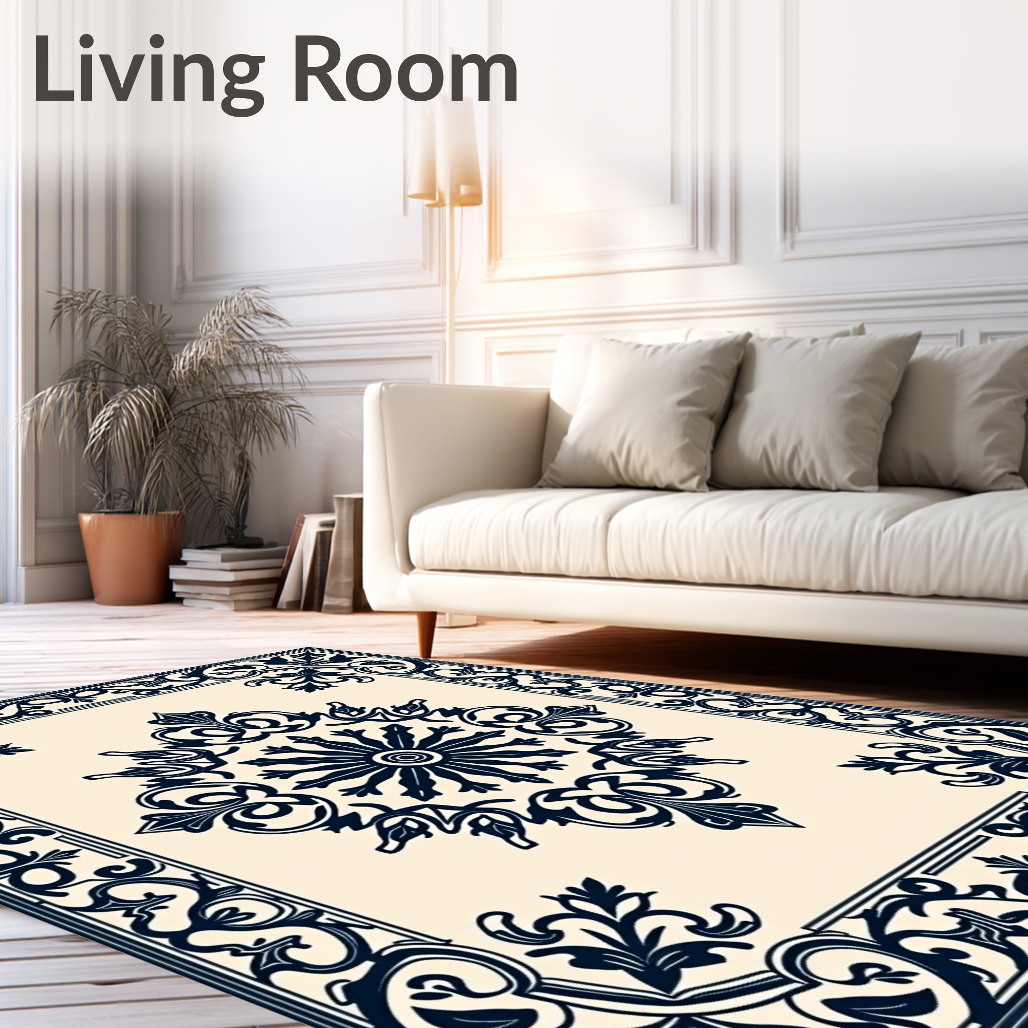 Ornate Navy Floral Square Medallion Rug