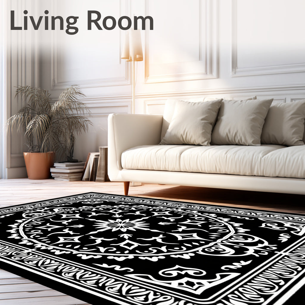 Ancient Black White Floral Medallion Rug