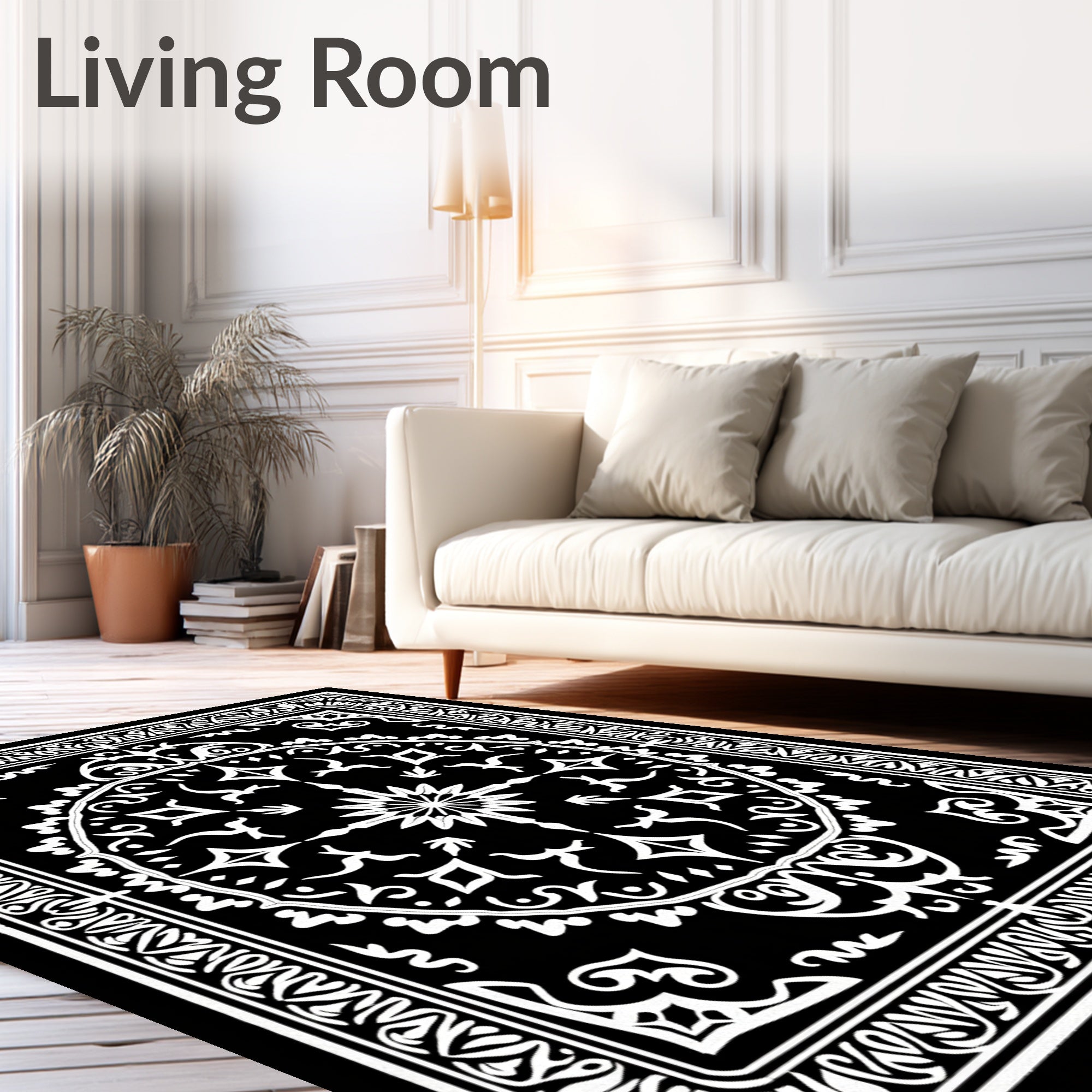 Ancient Black White Floral Medallion Rug