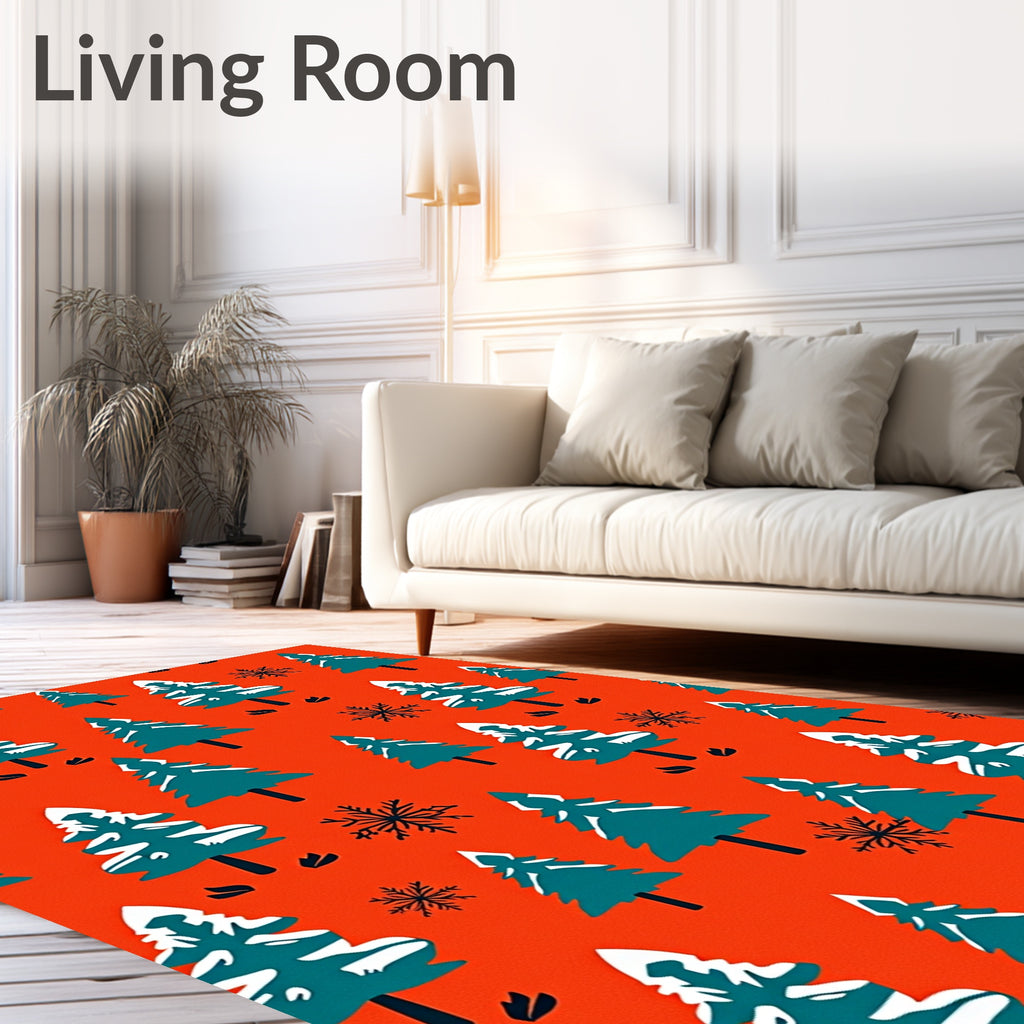 Teal Snow-Dusted Pineflakes On Orange Rug