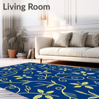 Navy Blue Golden Leaf Scroll Rug