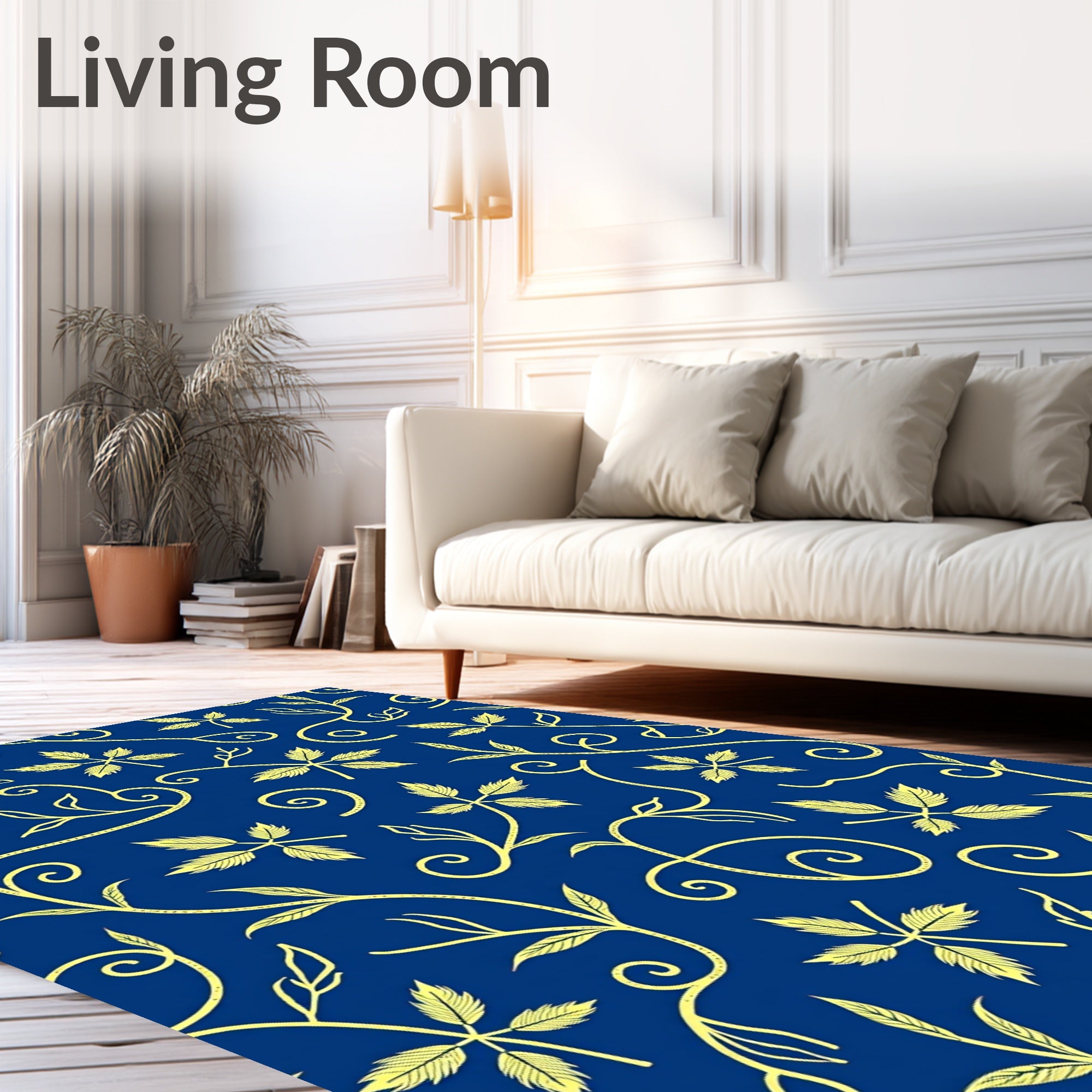 Navy Blue Golden Leaf Scroll Rug