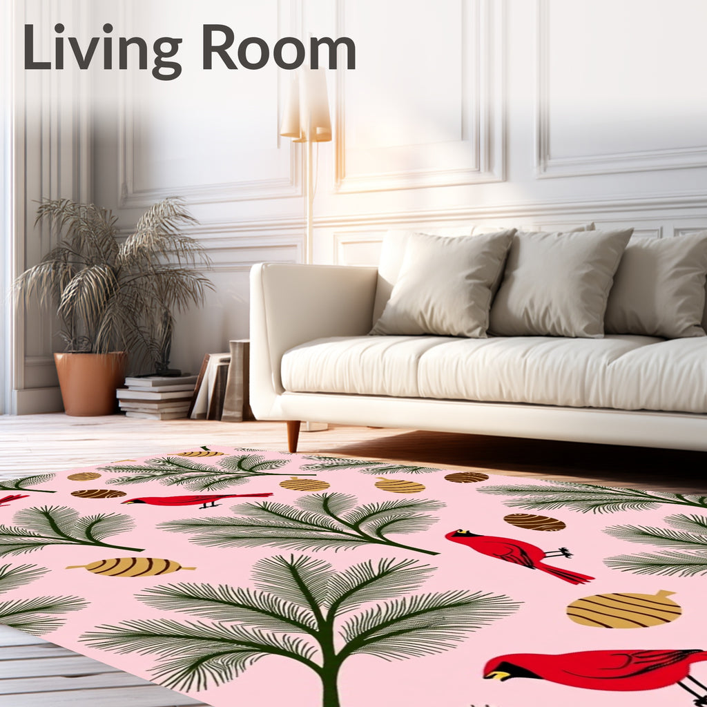 Pink Cardinal Pinecone Evergreen Branches Rug