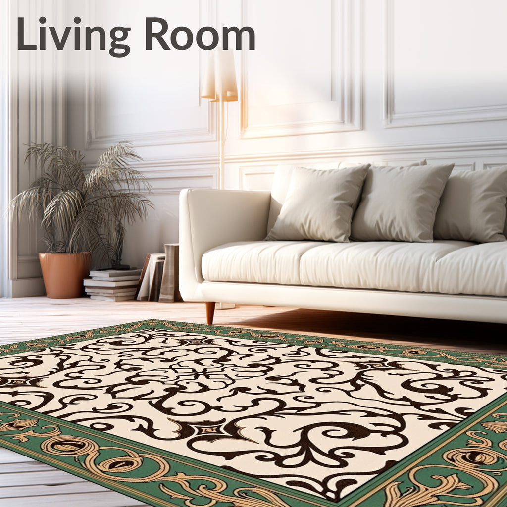 Green Golden Brown Scrollwork Medallion Rug