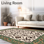 Green Golden Brown Scrollwork Medallion Rug