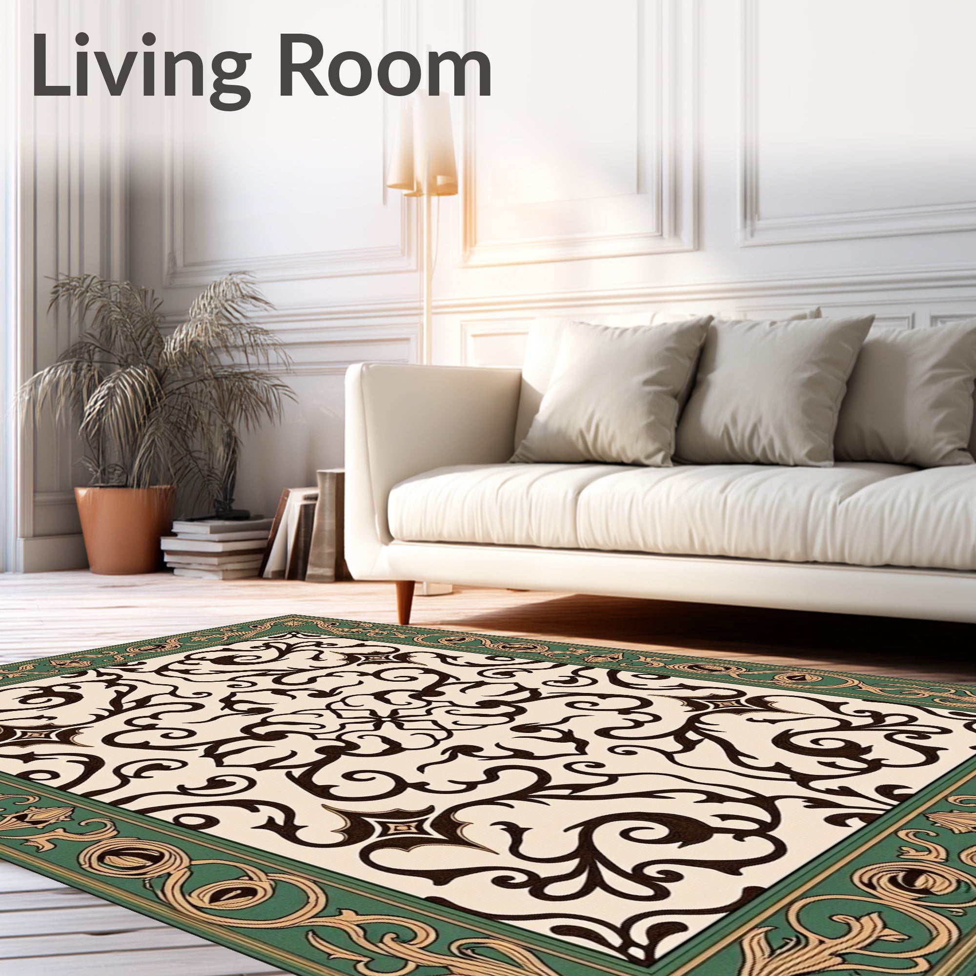 Green Golden Brown Scrollwork Medallion Rug