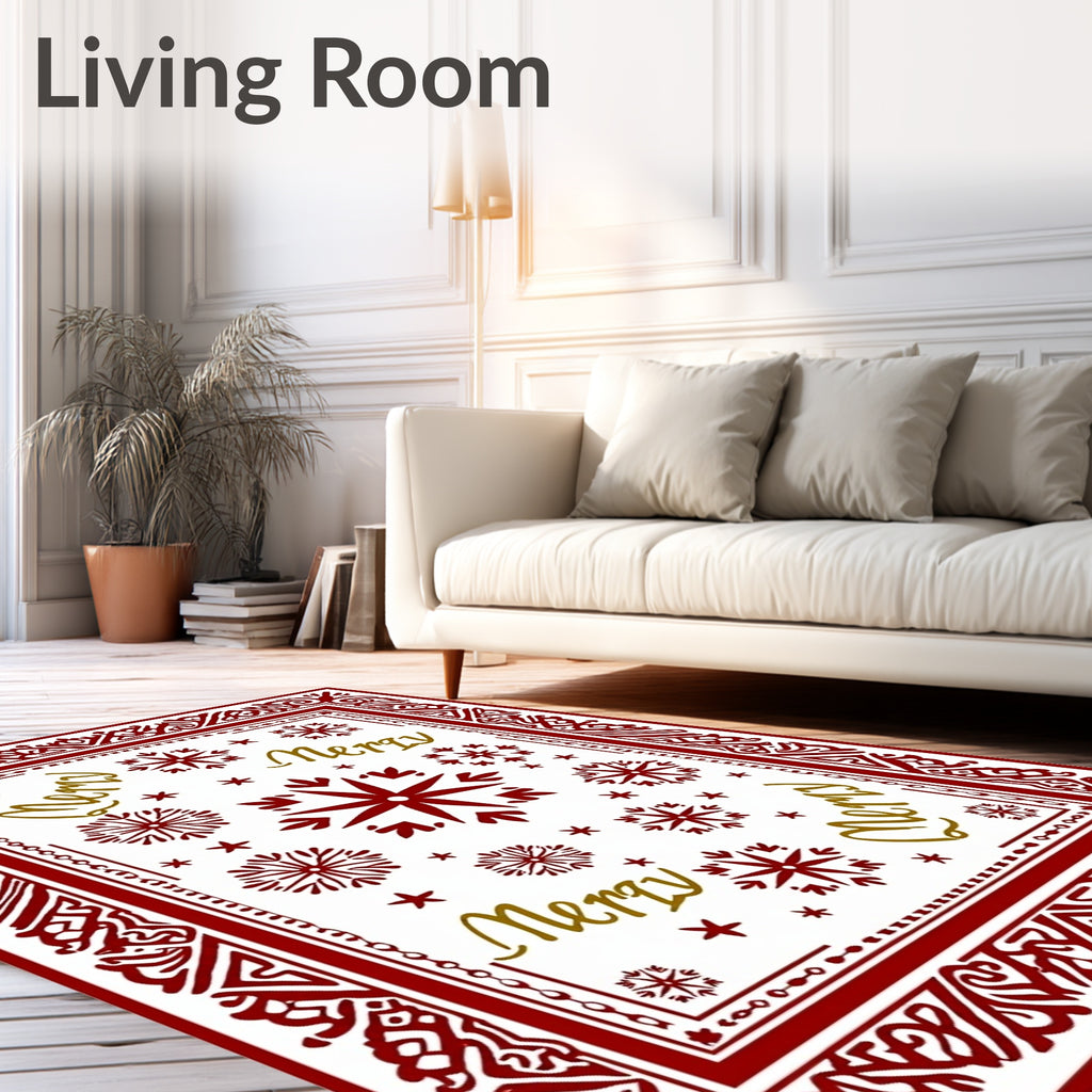 Red Gold Merry Snowflake Frame Rug