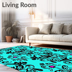 Cyan Black Ornate Floral Scroll Rug
