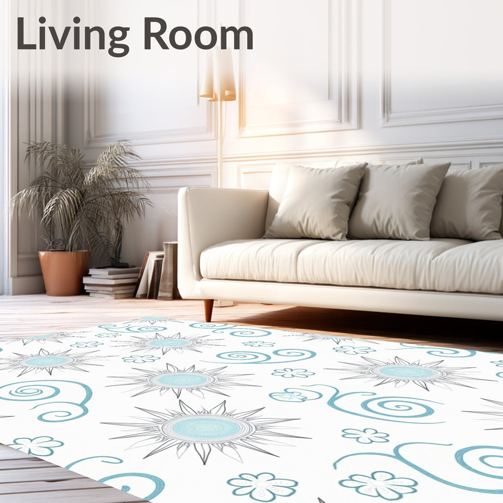 Blue Sunburst Floral Swirls Rug