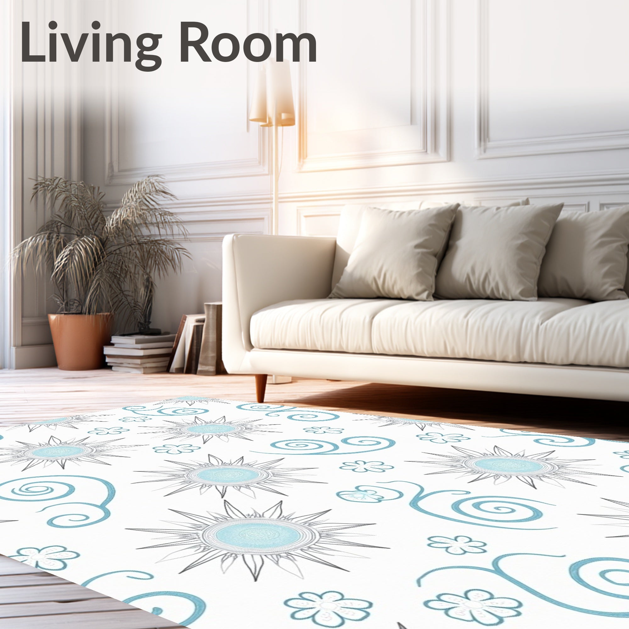 Blue Sunburst Floral Swirls Rug