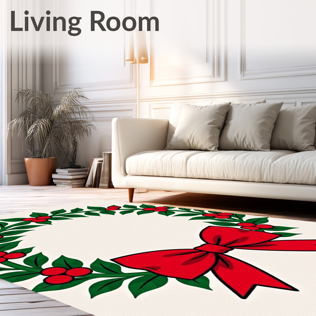Green Holly Red Berry Bow Wreath Rug
