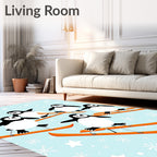 Playful Penguins Skiing Winter Scene Rug