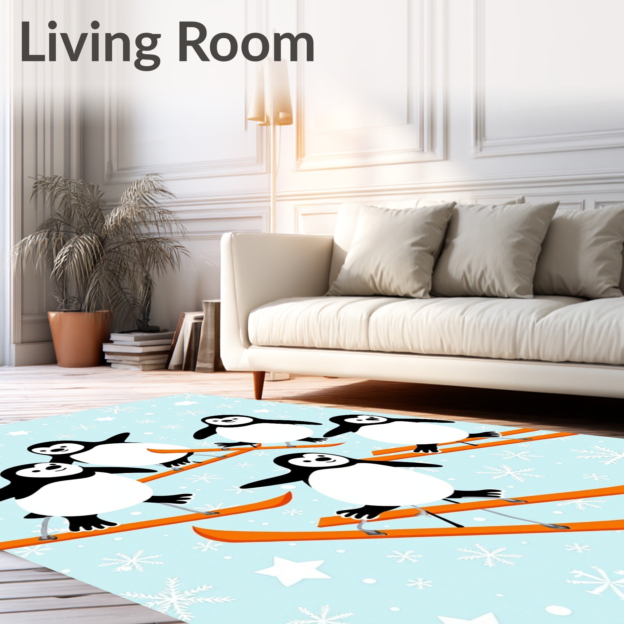 Playful Penguins Skiing Winter Scene Rug