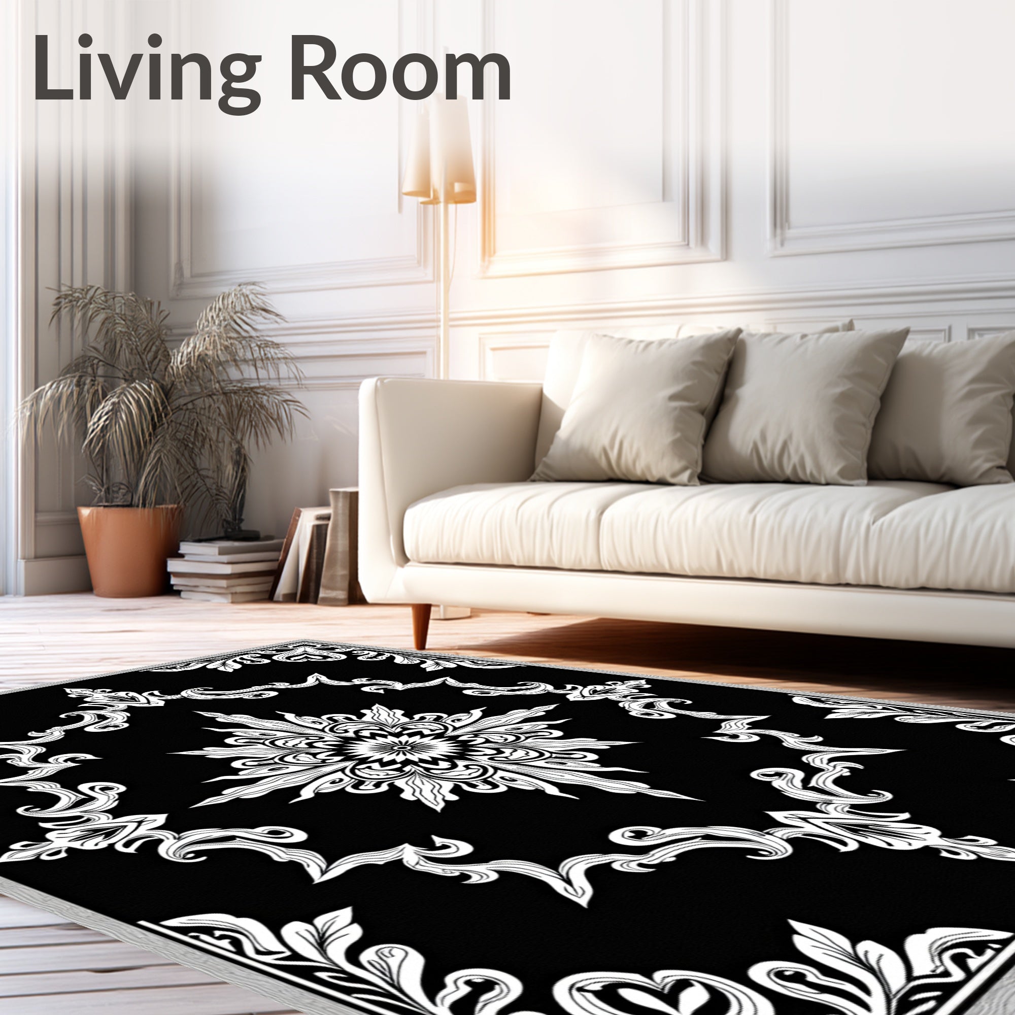 Monochromatic Black White Floral Mandala Rug