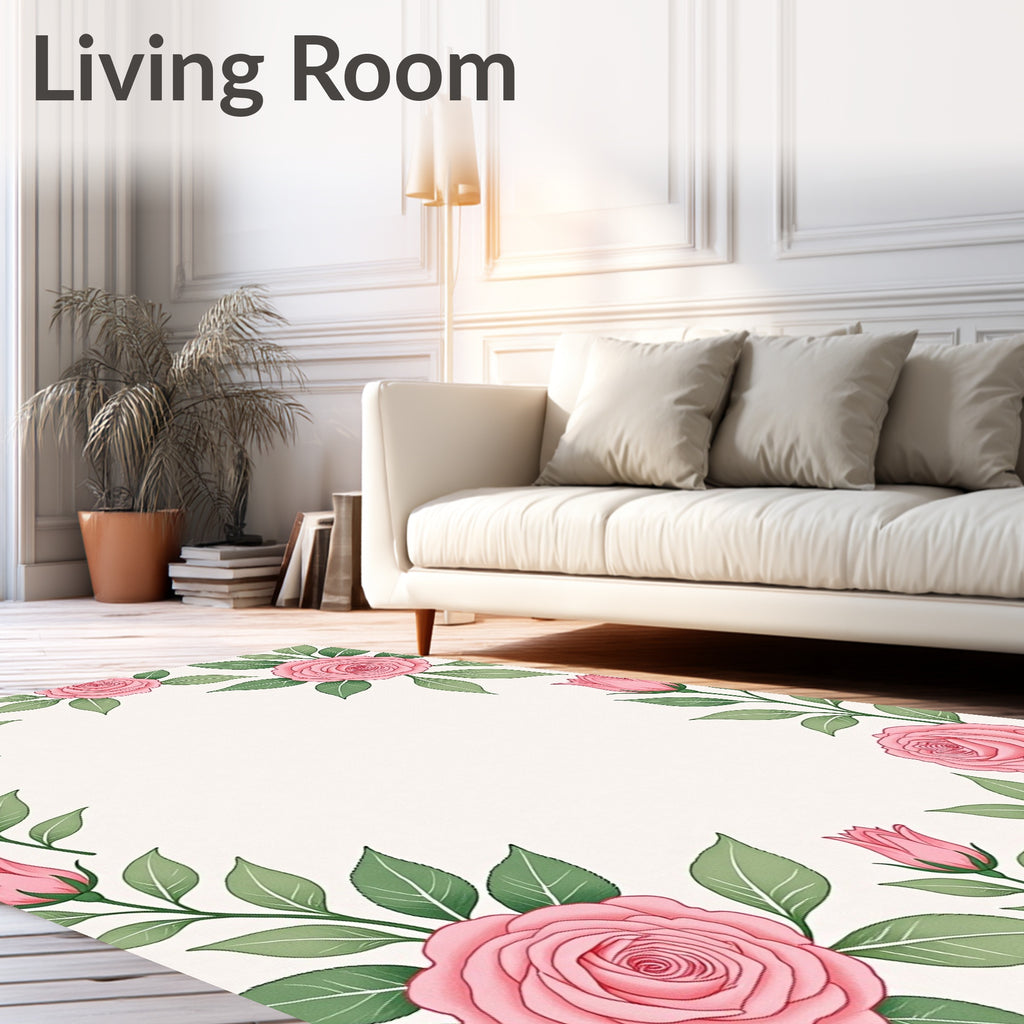 Pink Rose Floral Vine Border Rug