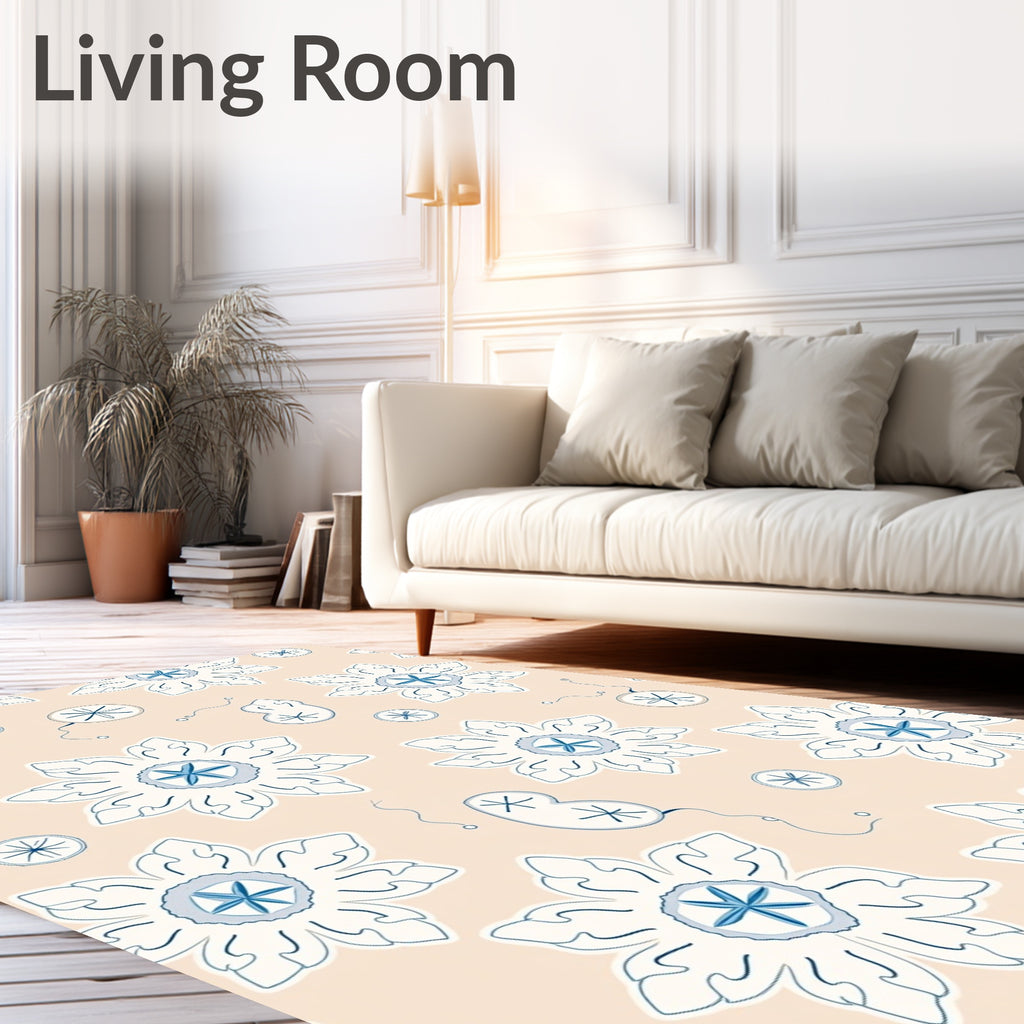 Pale Peach Blue Starburst Floral Rug