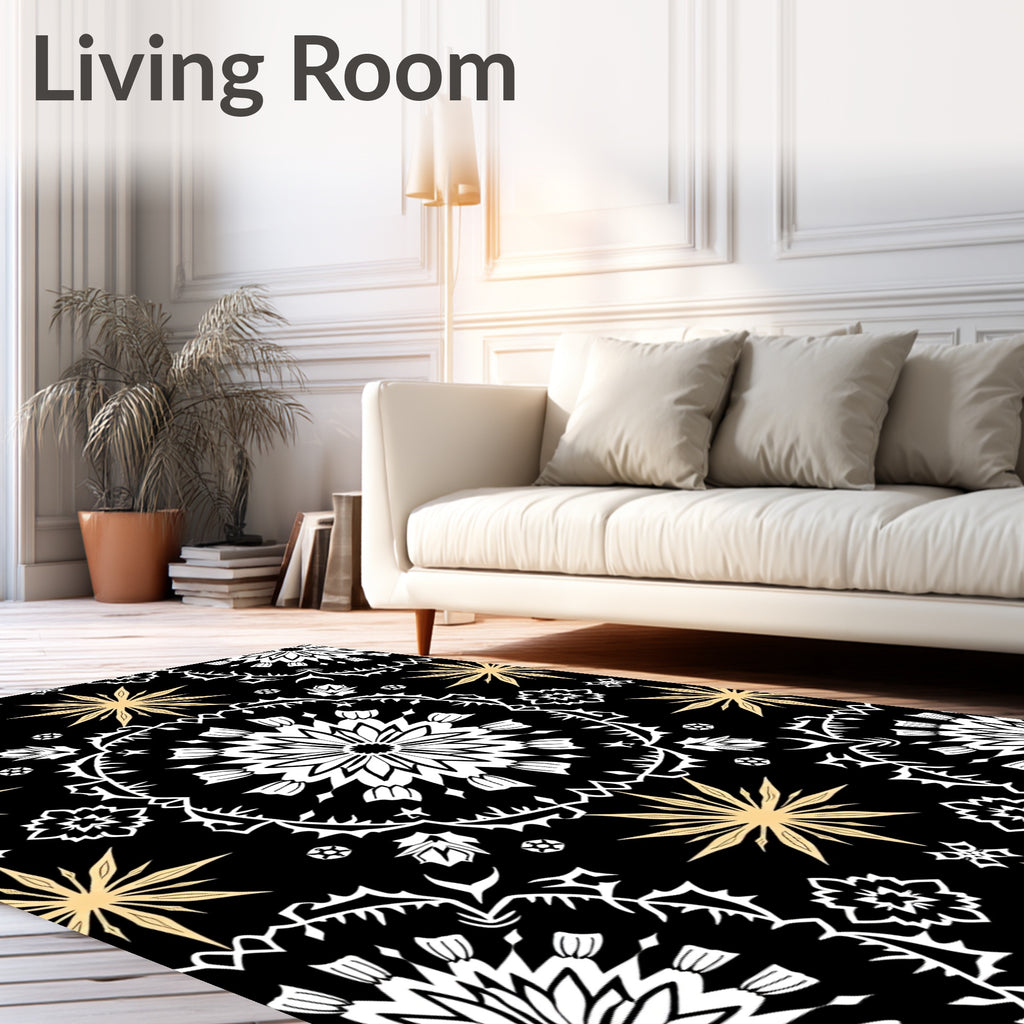 Black White Gold Starburst Medallion Rug