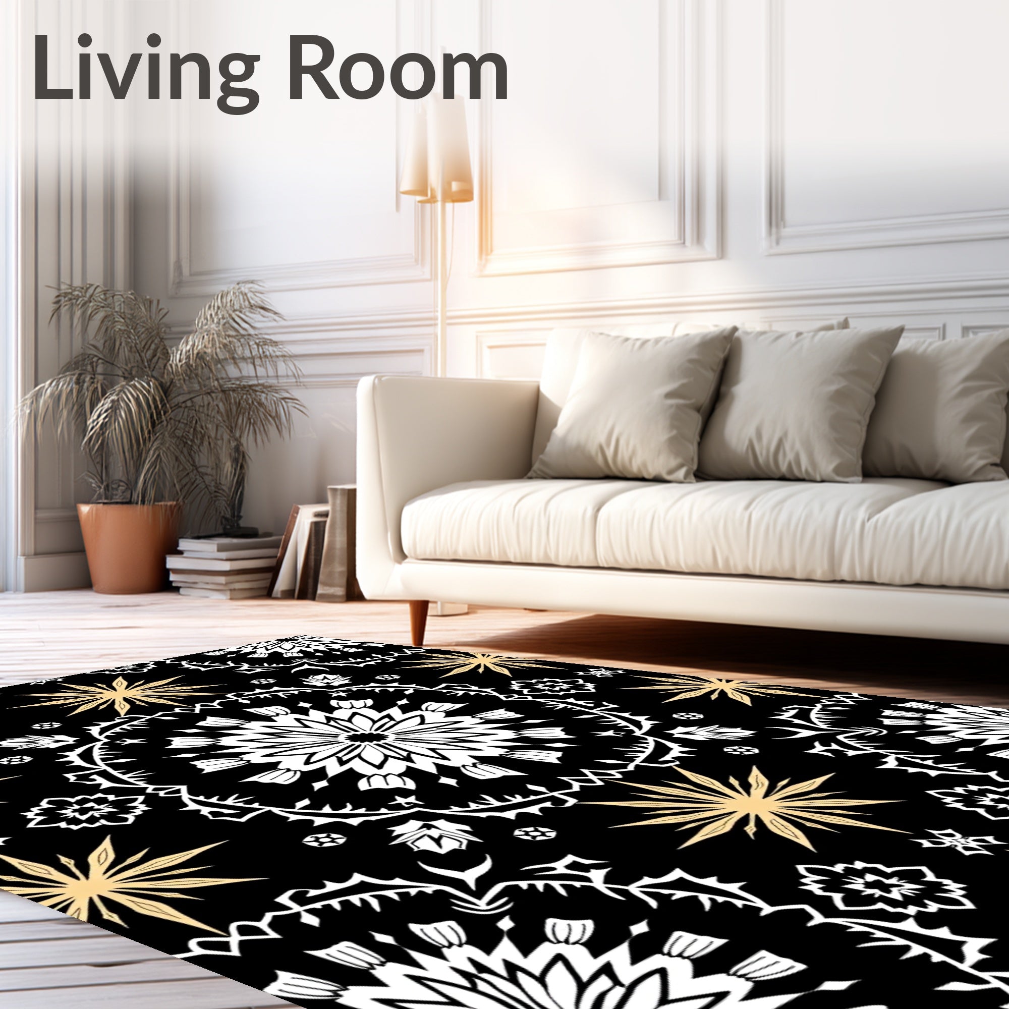 Black White Gold Starburst Medallion Rug