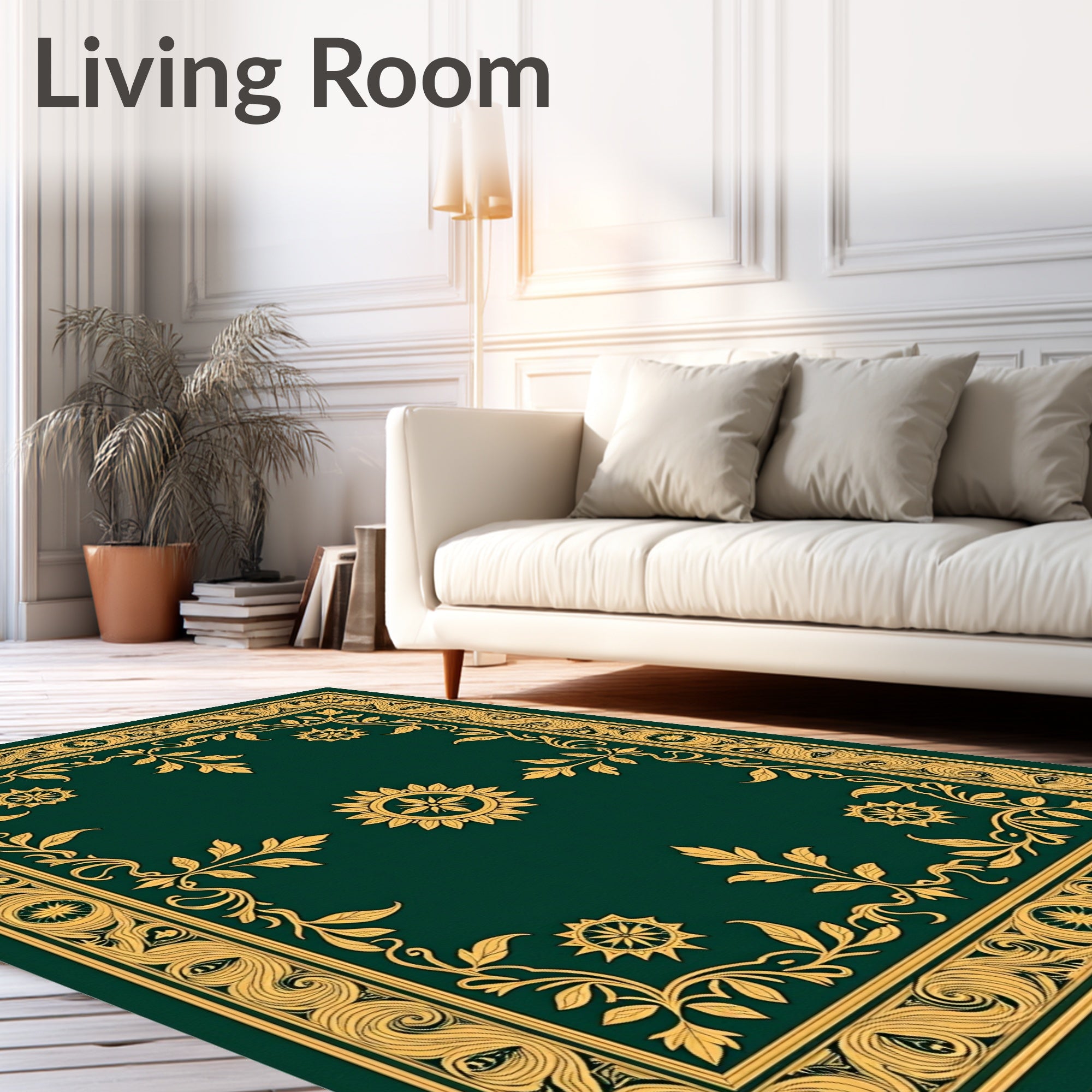 Gilded Emerald Floral Vine Border Rug