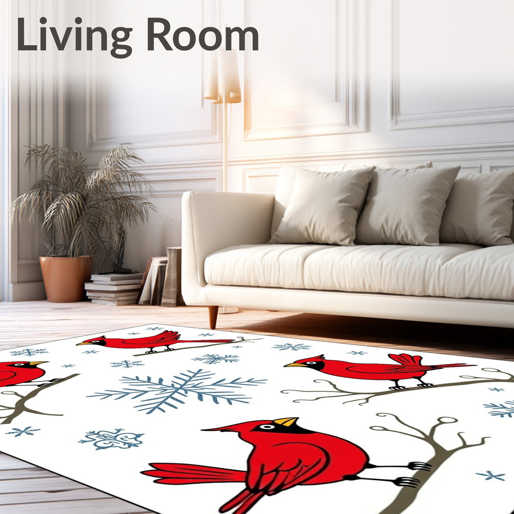 Crimson Cardinals Snowflakes Winter Branches Rug