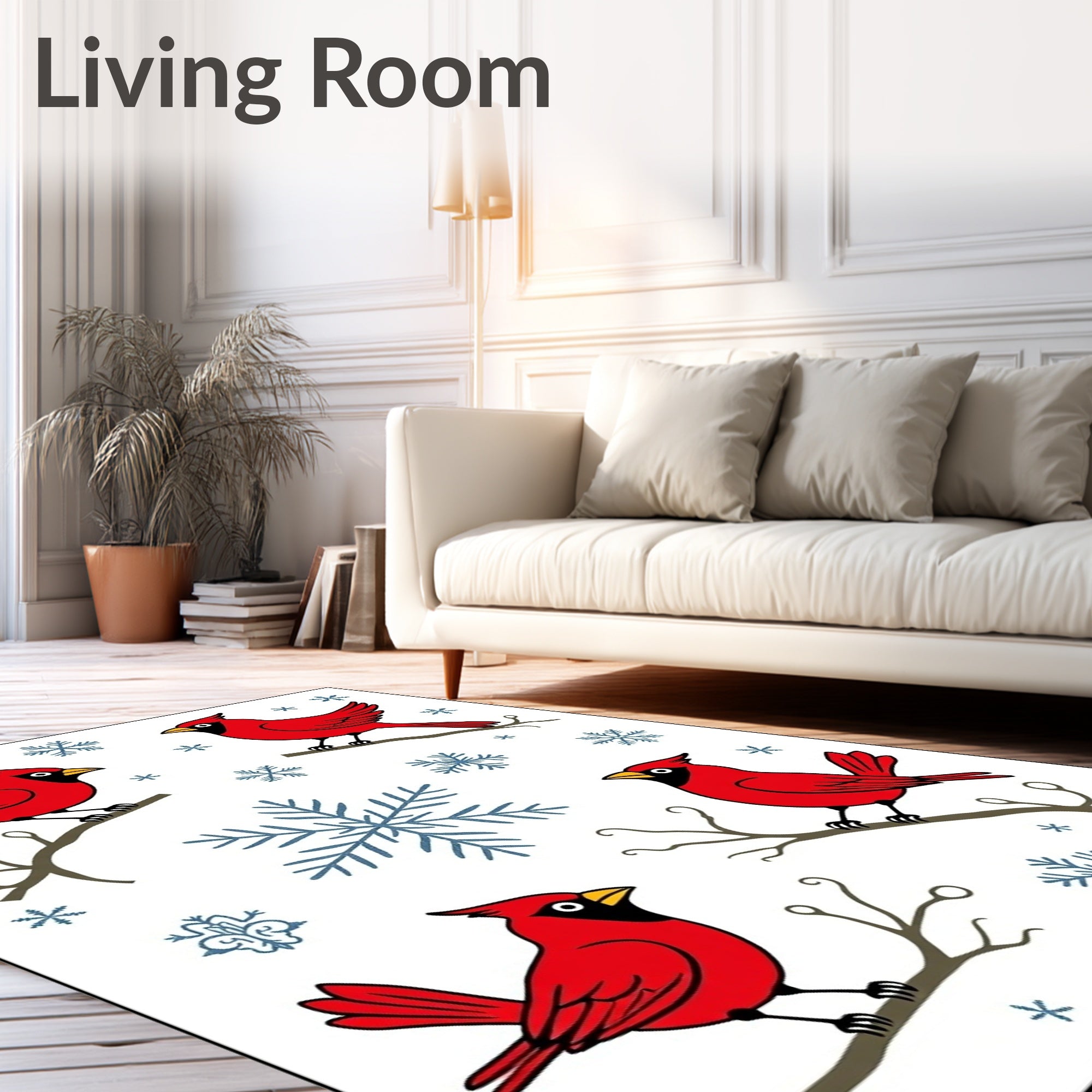 Crimson Cardinals Snowflakes Winter Branches Rug