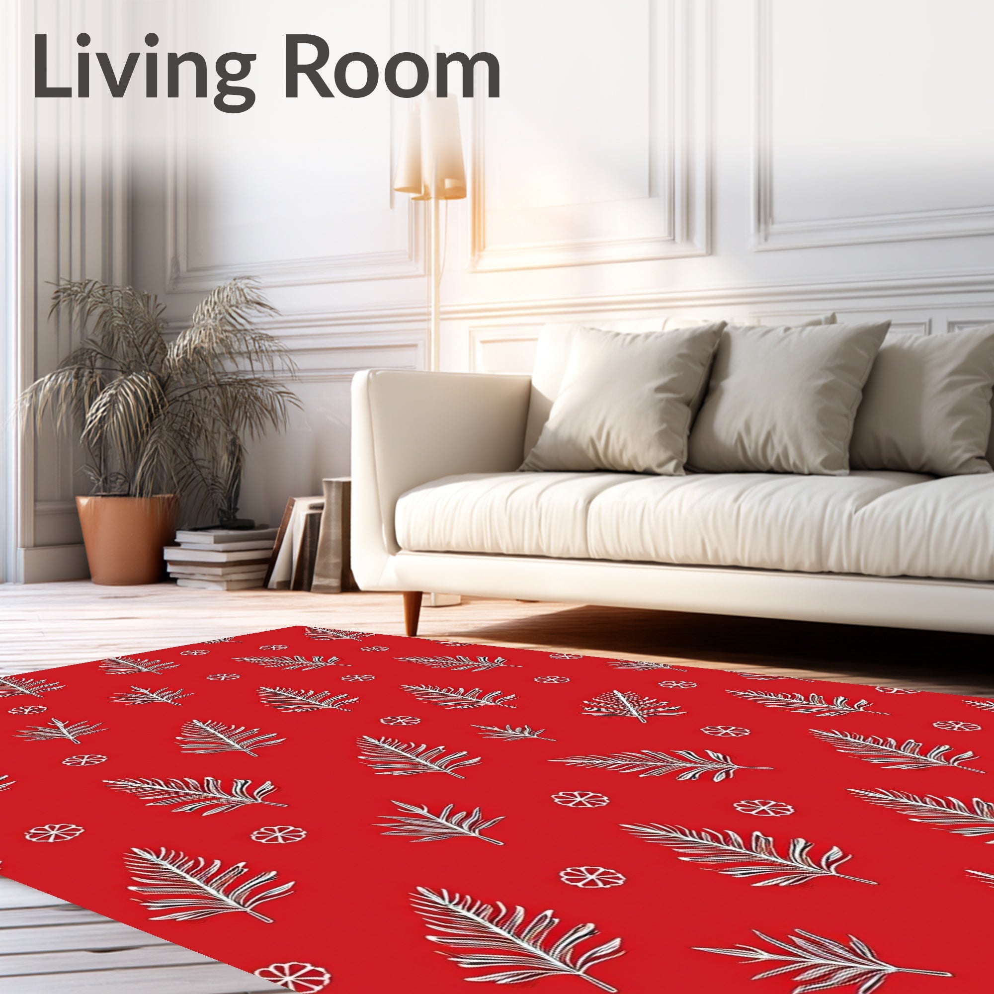 Crimson White Fern Floral Whimsical Rug