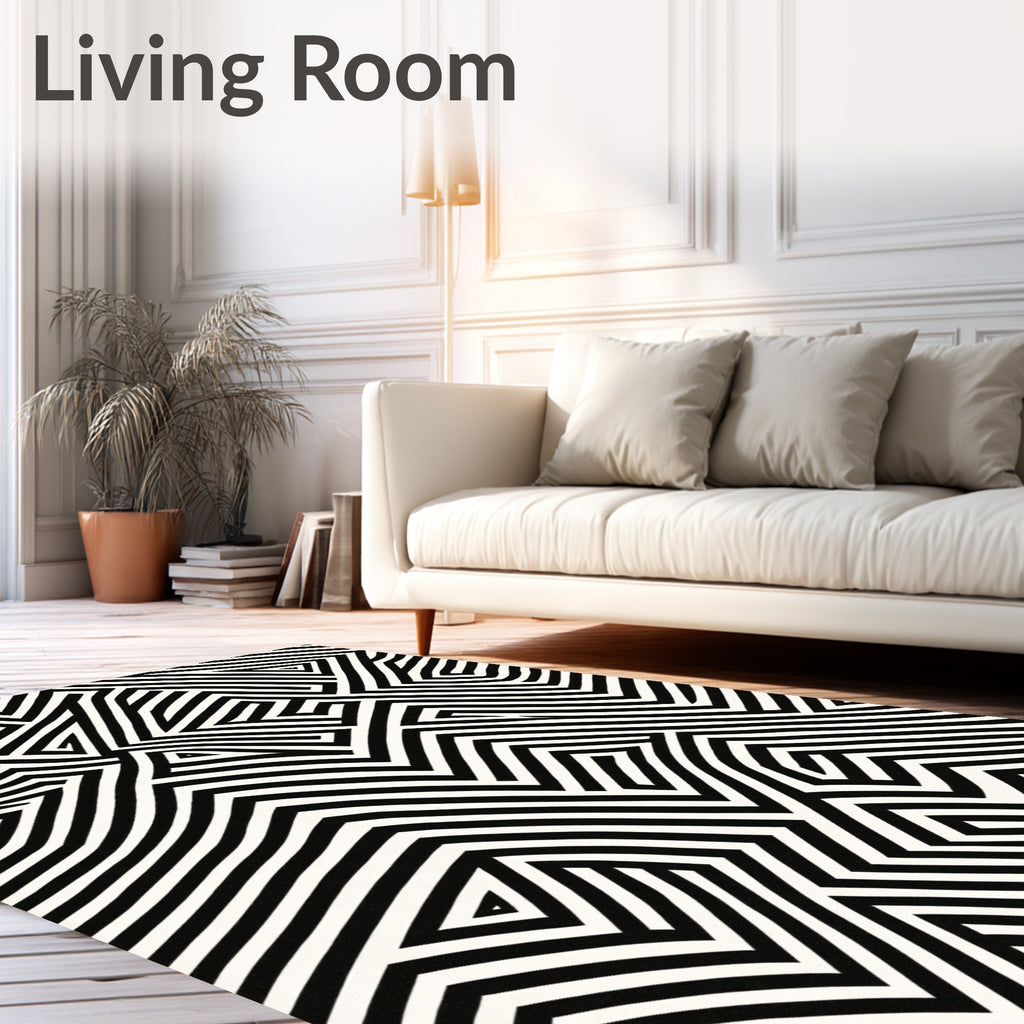 Bold Black White Geometric Labyrinth Rug