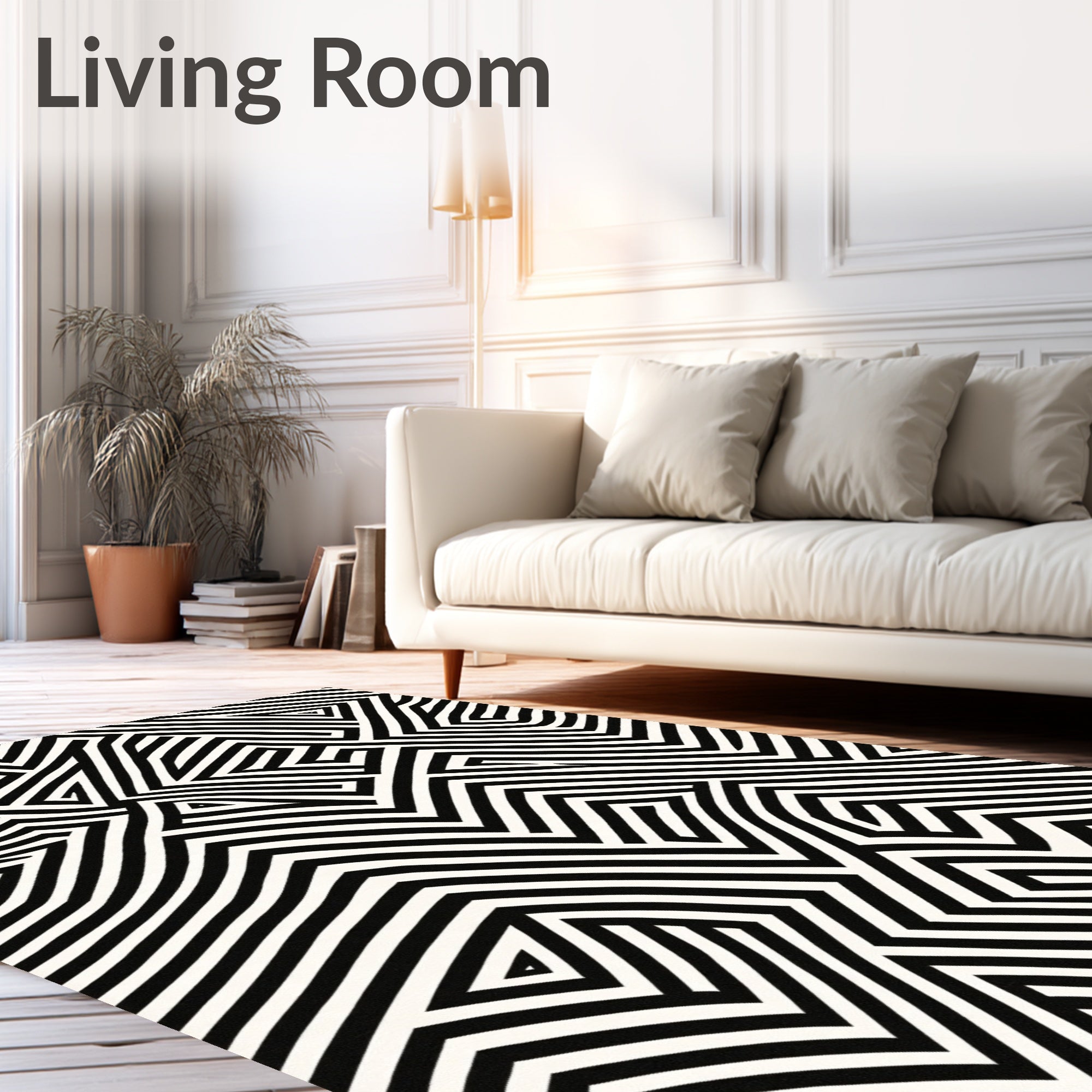Bold Black White Geometric Labyrinth Rug