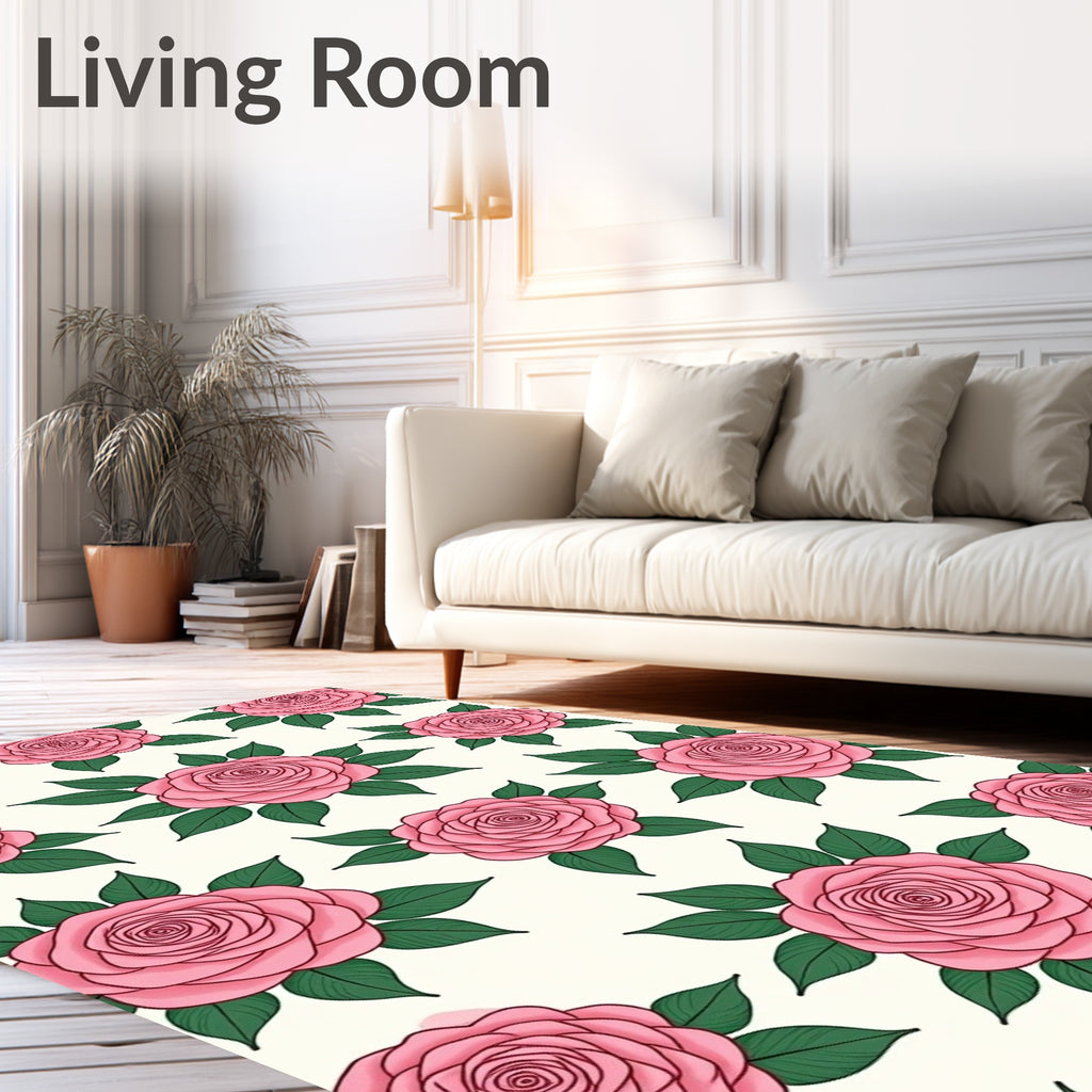 Pink Roses With Green Leaves Rug