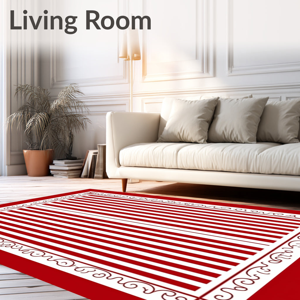 Crimson White Vertical Stripe Ornate Frame Rug