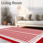 Crimson White Vertical Stripe Ornate Frame Rug