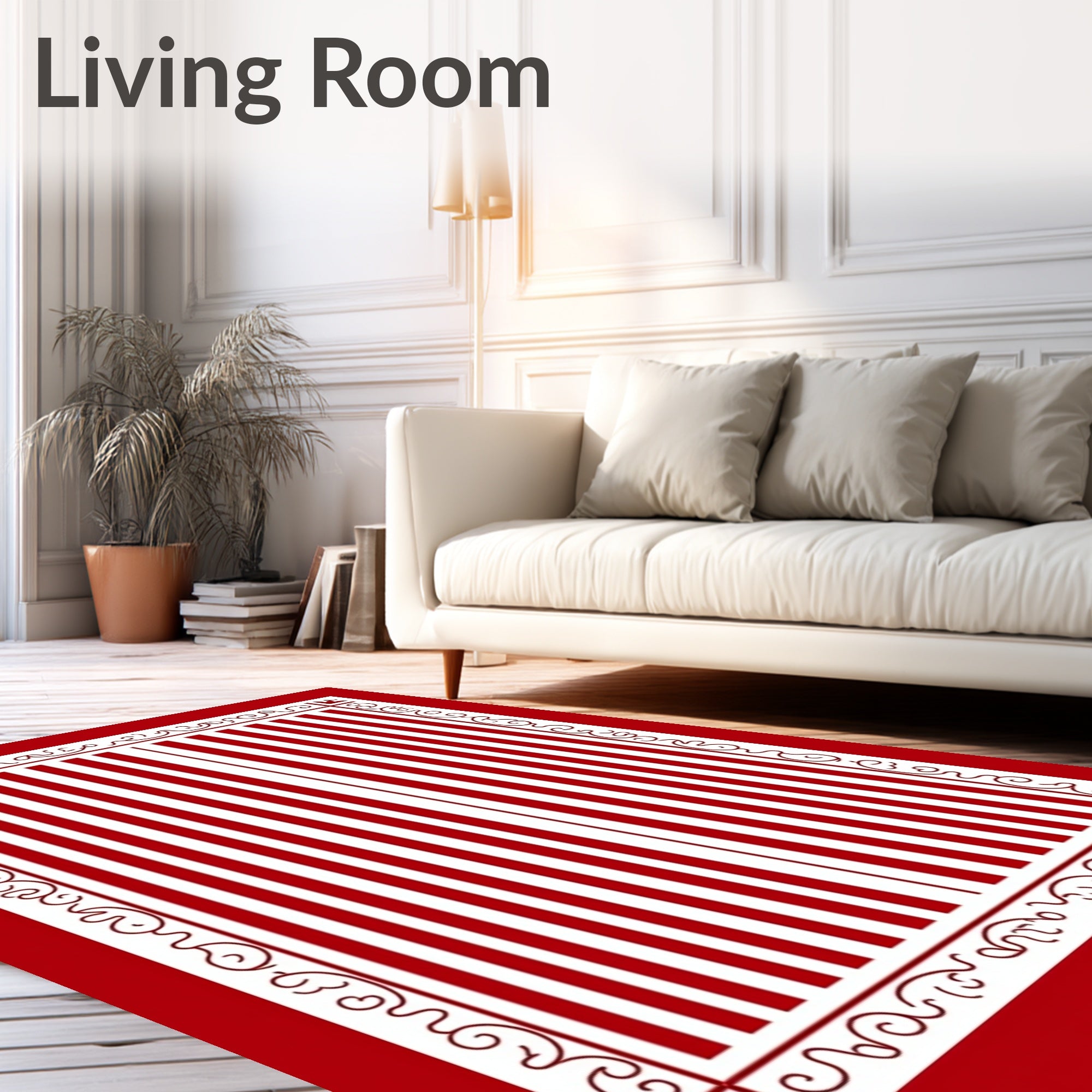 Crimson White Vertical Stripe Ornate Frame Rug