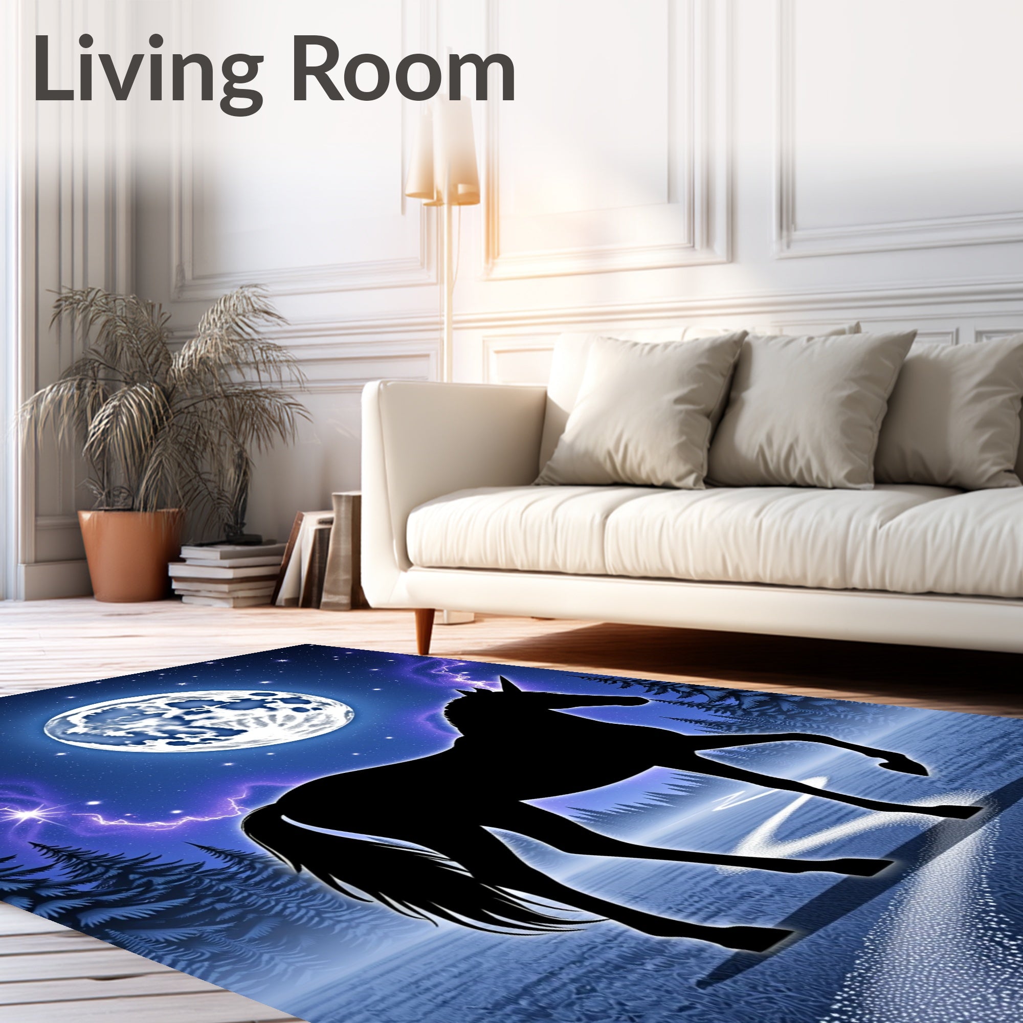 Magical Black Unicorn Moonlit Starry Landscape Rug