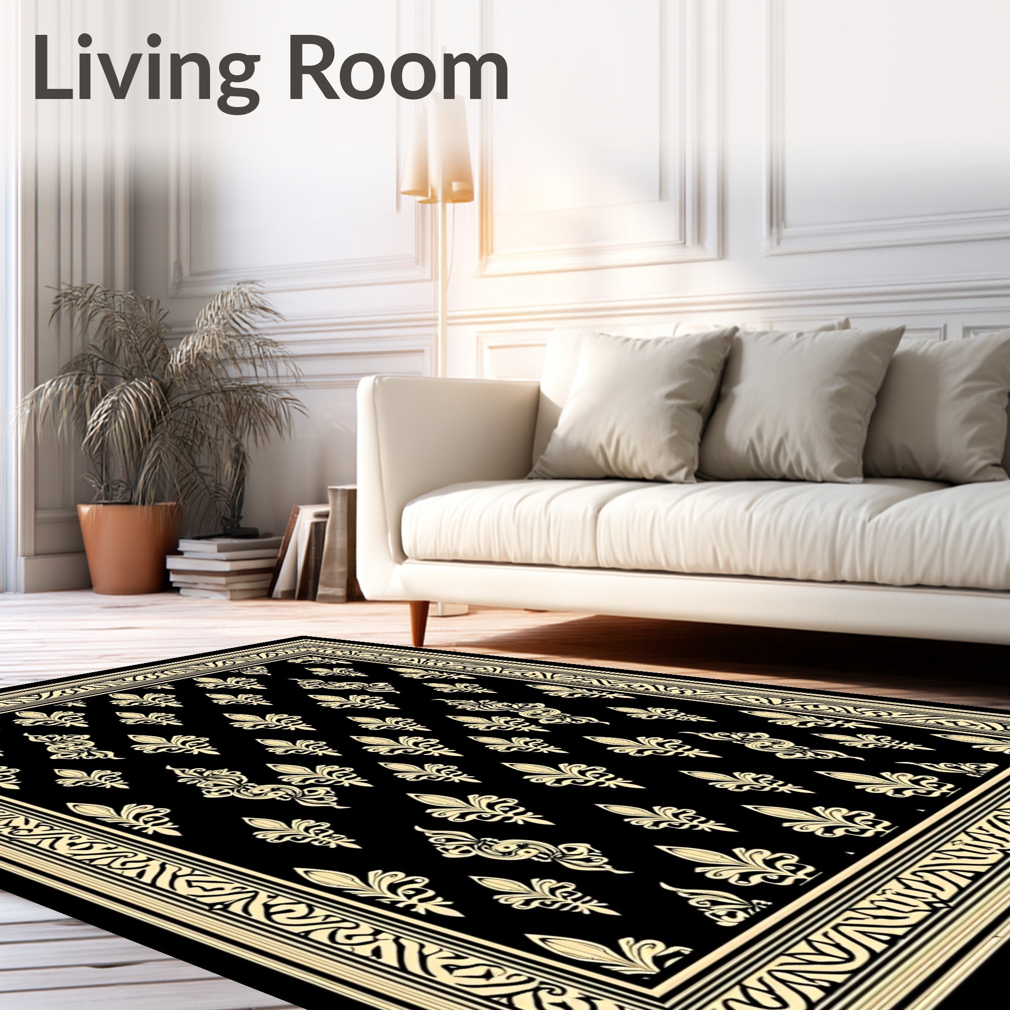 Elegant Beige Black Fleur-de-lis Border Rug