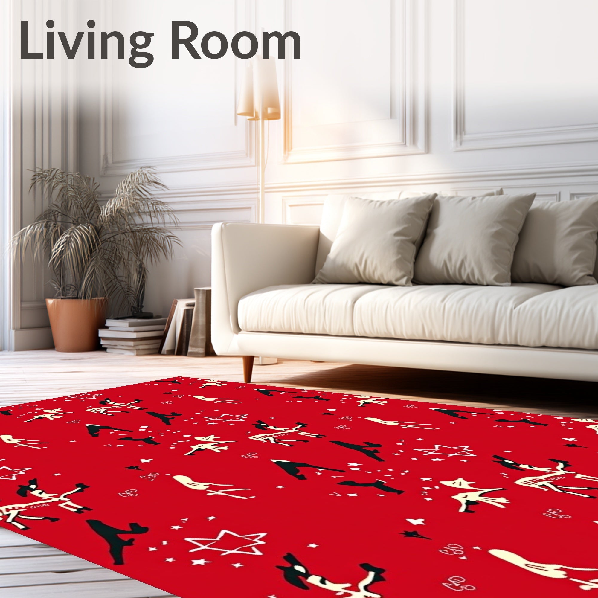 Whimsical Red Deers Stars and Abstract Shapes Rug