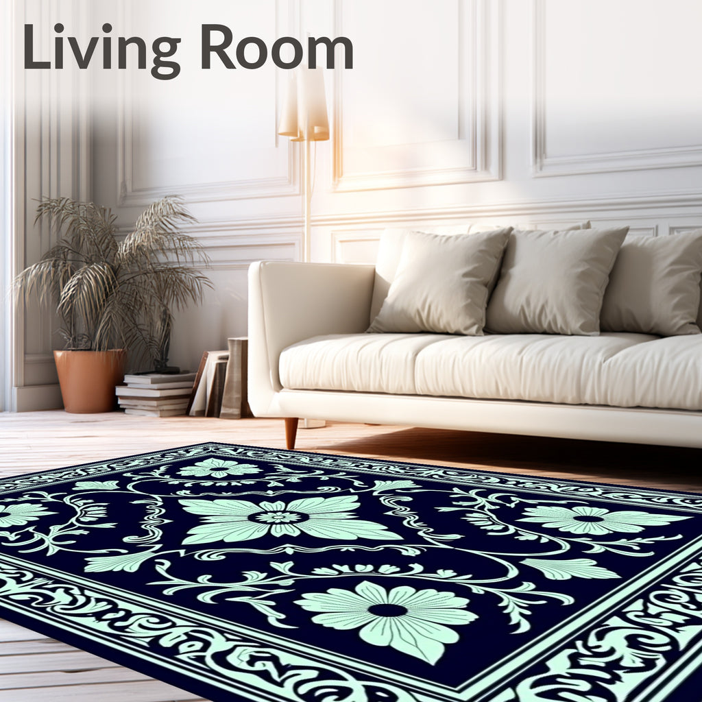 Navy Light Teal Floral Garden Rug