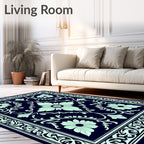 Navy Light Teal Floral Garden Rug