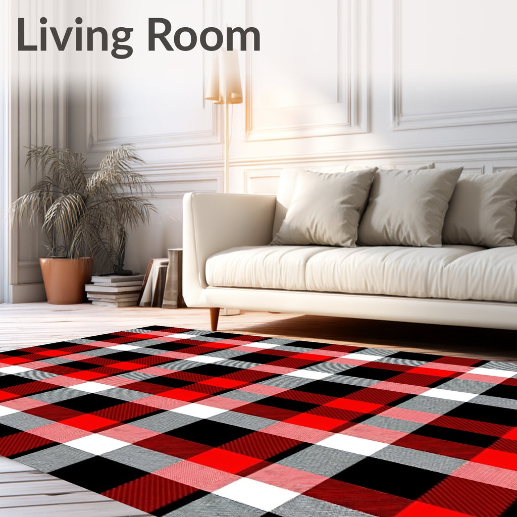 Bold Red Black White Plaid Check Rug
