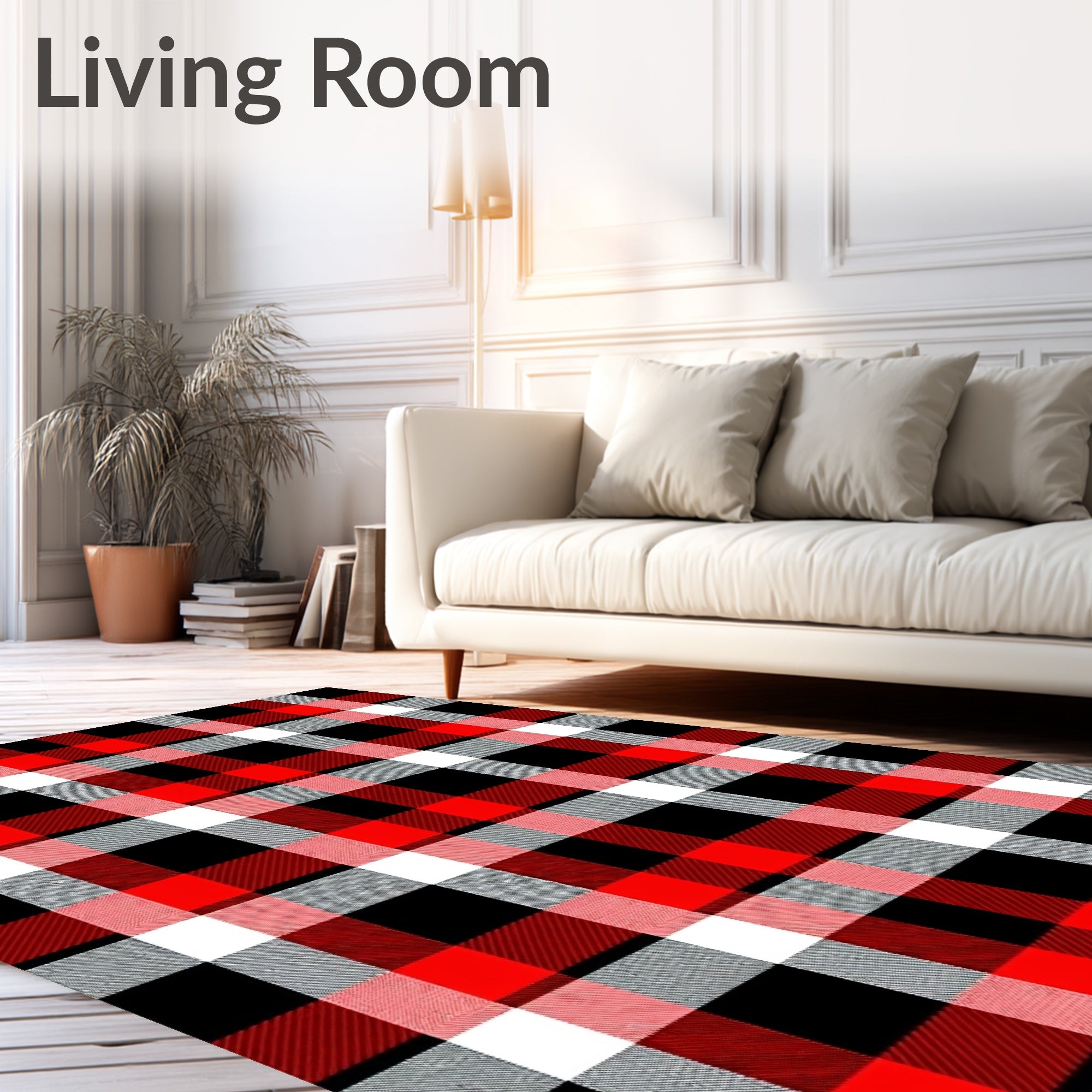 Bold Red Black White Plaid Check Rug