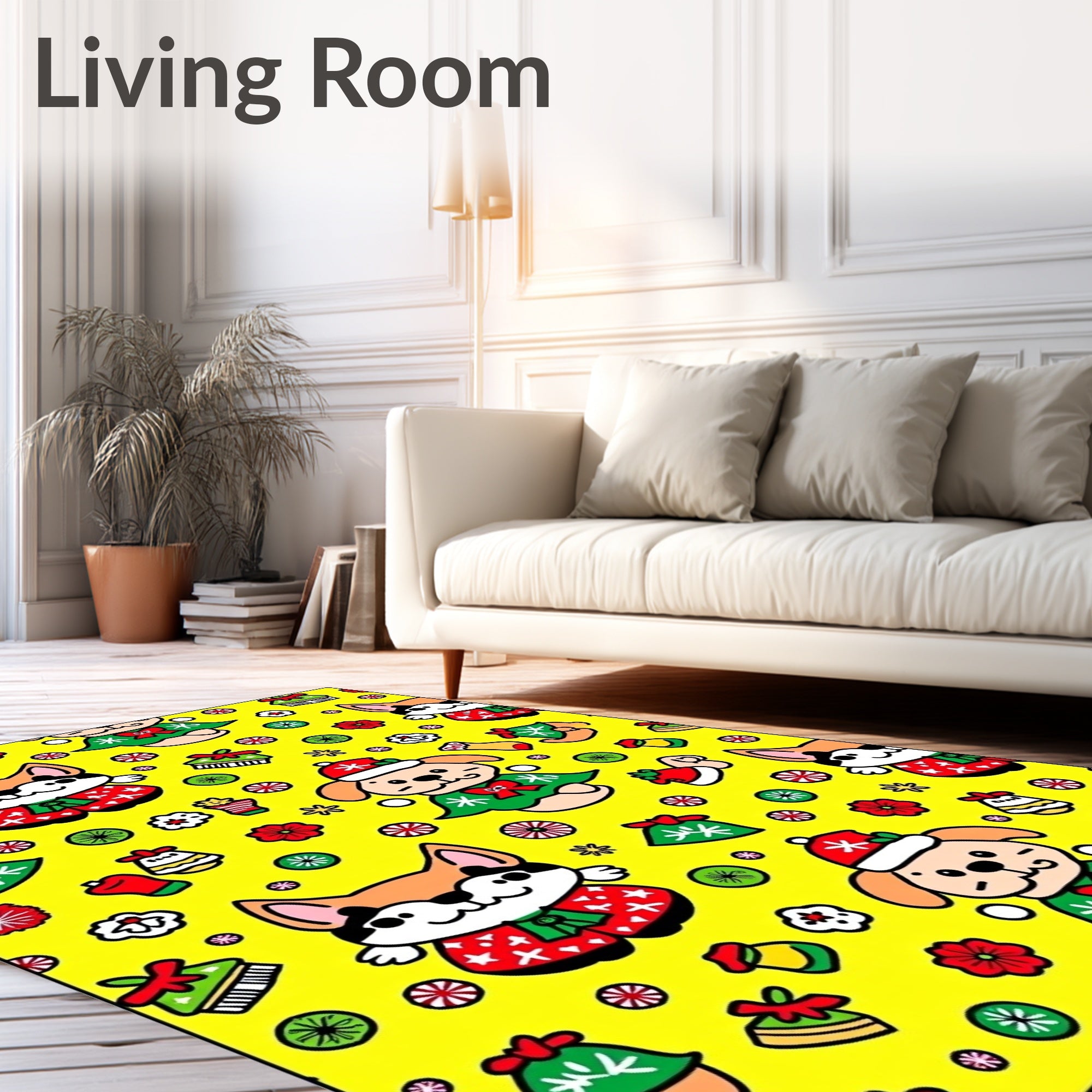 Christmas Dogs Yellow Polka Dot Companions Rug