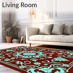 Crimson Aqua Floral Medallion Scroll Rug
