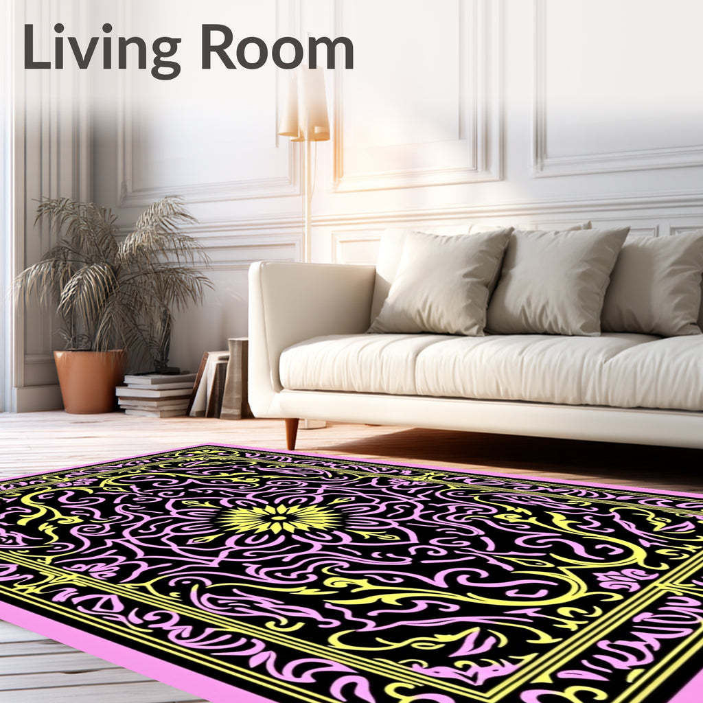 Pink Yellow Black Floral Medallion Rug