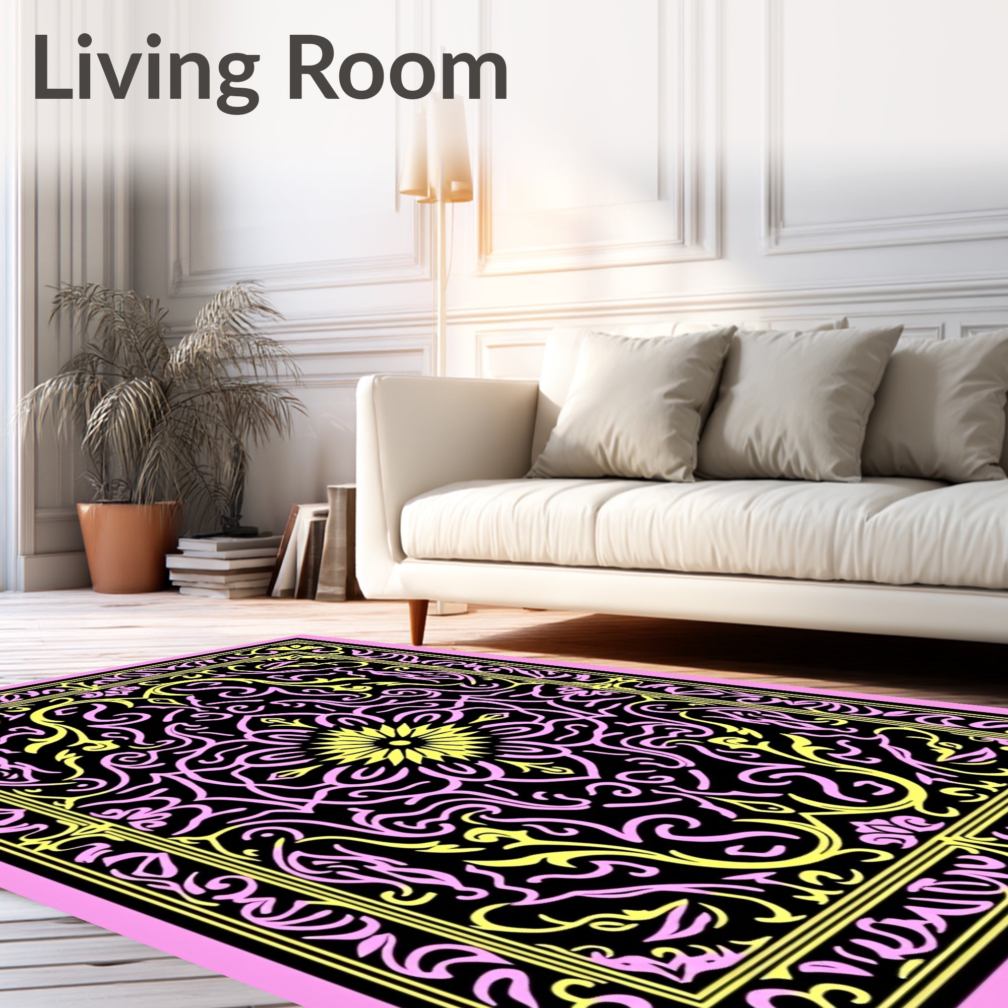 Pink Yellow Black Floral Medallion Rug
