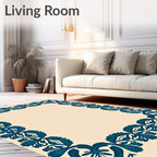 Deep Teal Floral Border Cream Rug