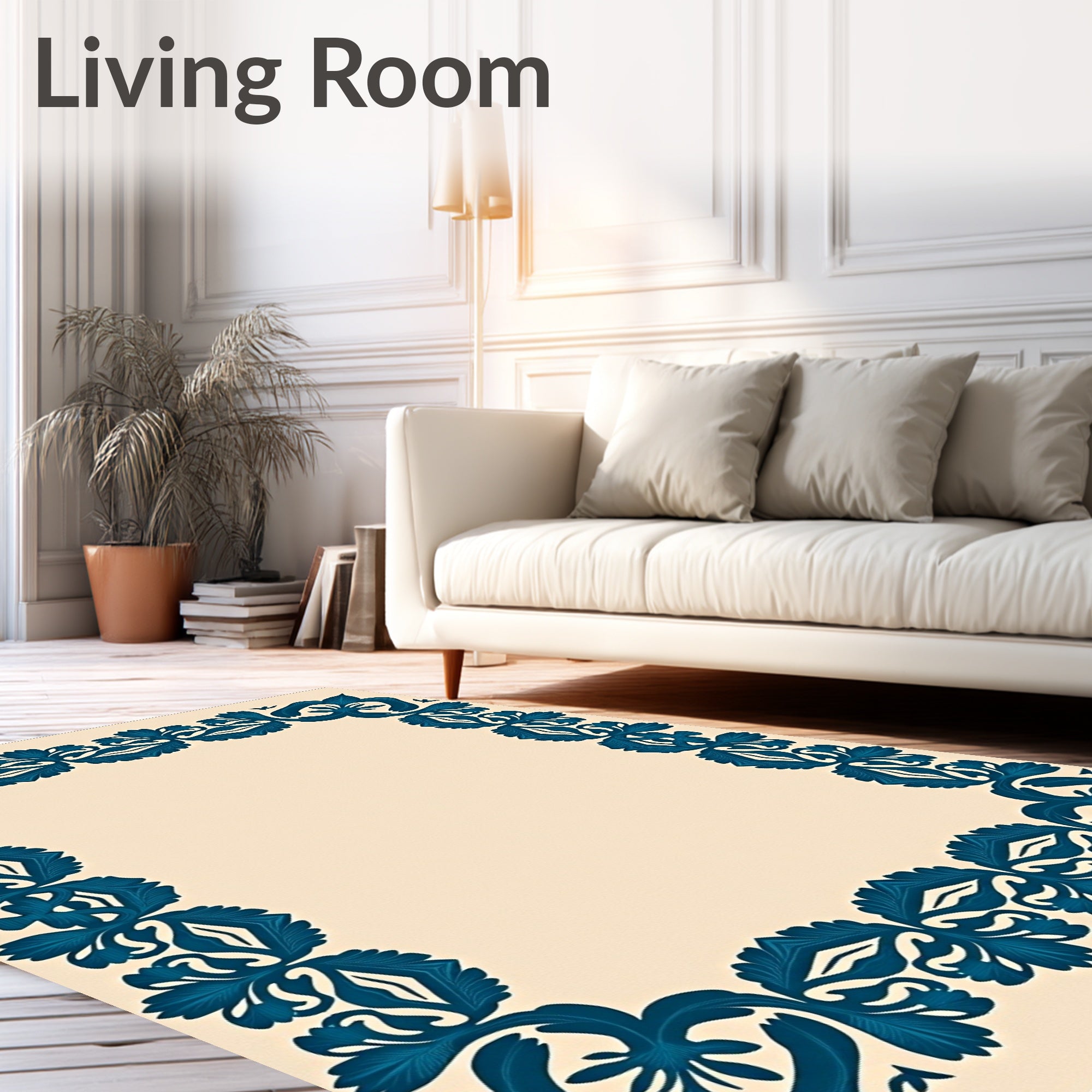 Deep Teal Floral Border Cream Rug