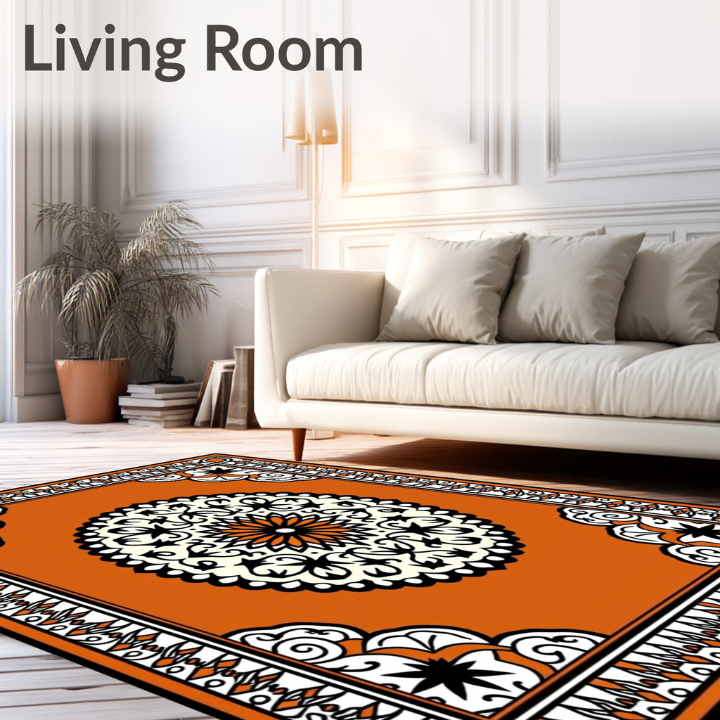 Orange Black White Mandala Border Area Rug