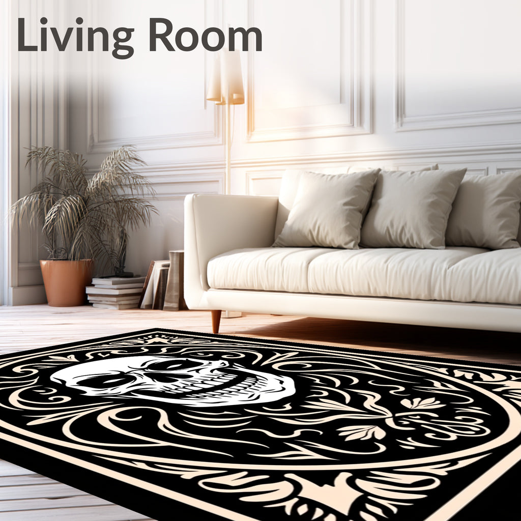 Ornate White Skull Black Oval Rug
