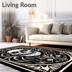 Ornate White Skull Black Oval Rug